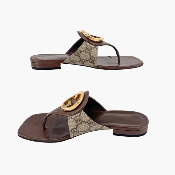 Gucci Blondie GG Flat Thong Sandals Beige Monogram Leather Size 37 US 7 Women - Picture 10 of 15
